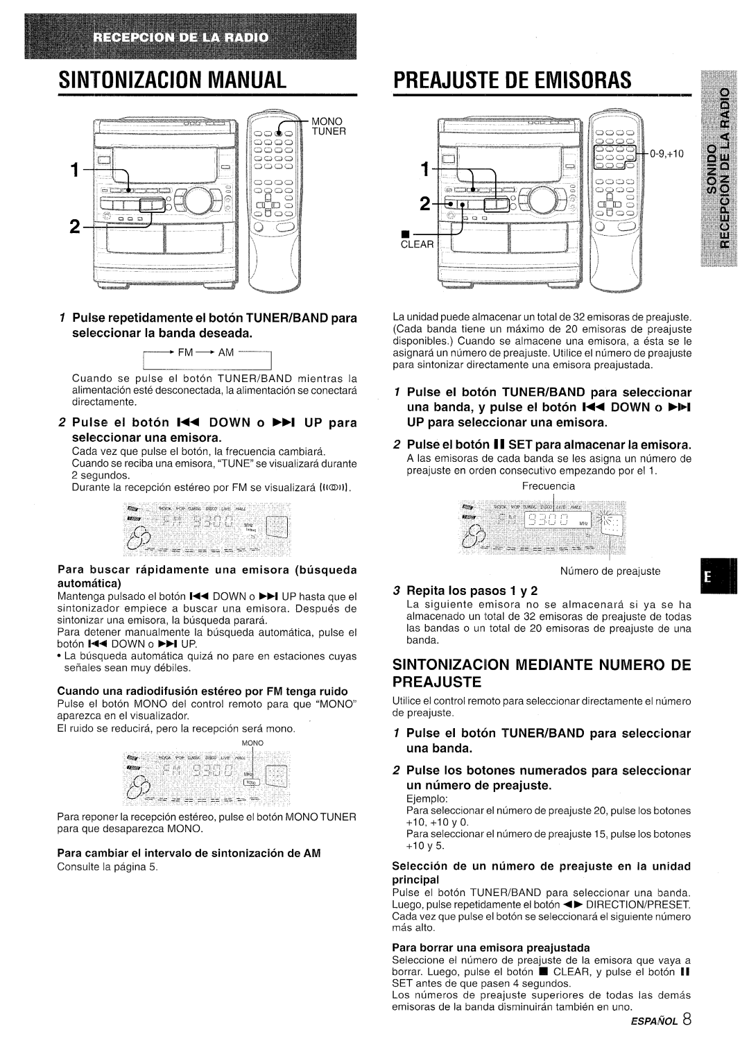 Sony CX-NMT90 Sintonizacion Manual, Preajuste DE Emisoras, Pulse el boton 1++ Down o 1 UP para seleccionar una emisora 