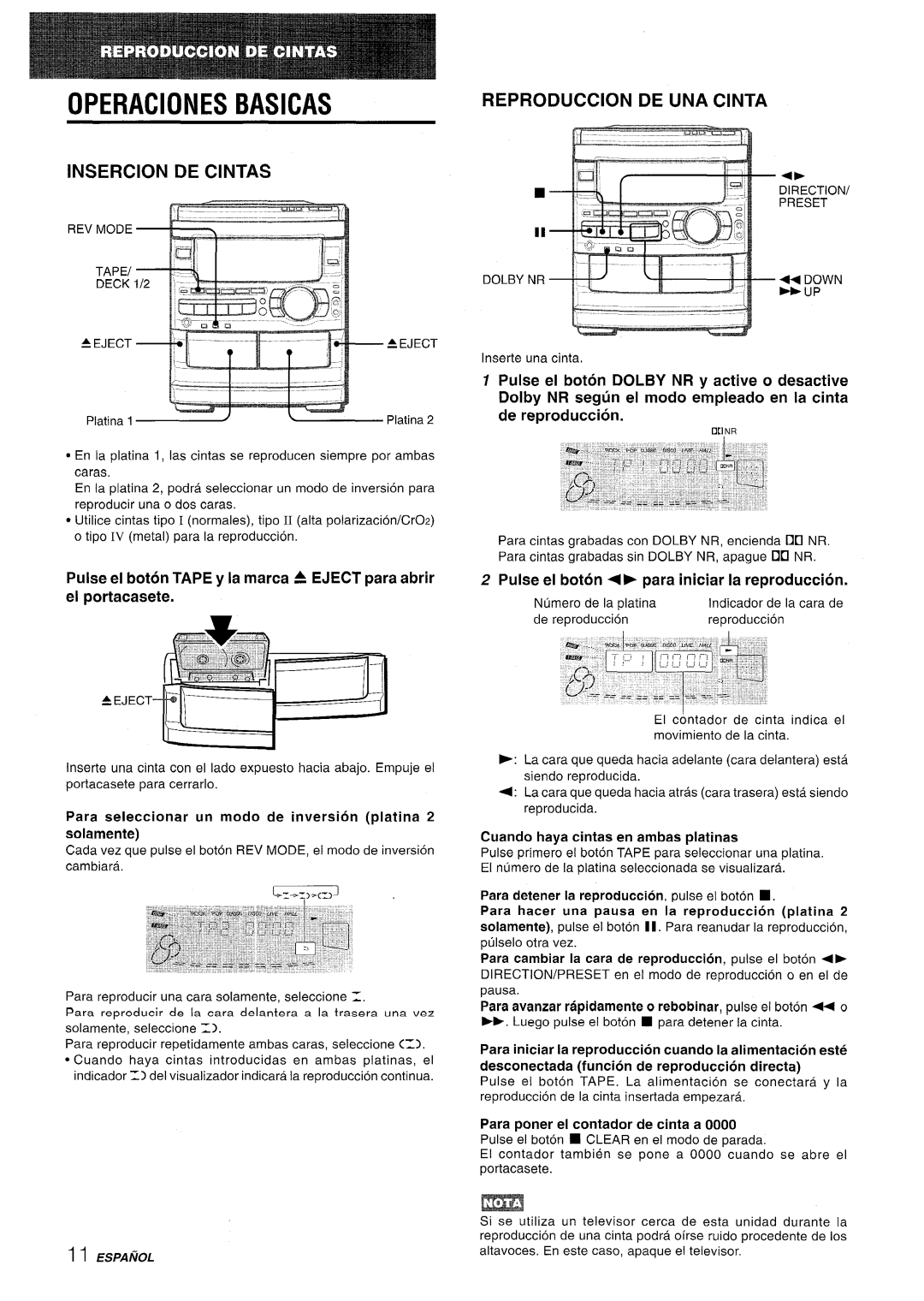 Sony CX-NMT90 manual Operaciones Basicas, Insercion DE Cintas, Reproduction DE UNA Cinta 