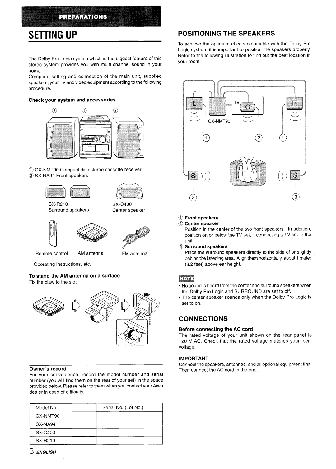 Sony CX-NMT90 manual Setting UP, Positioning the Speakers, Connections, Owner’s record 