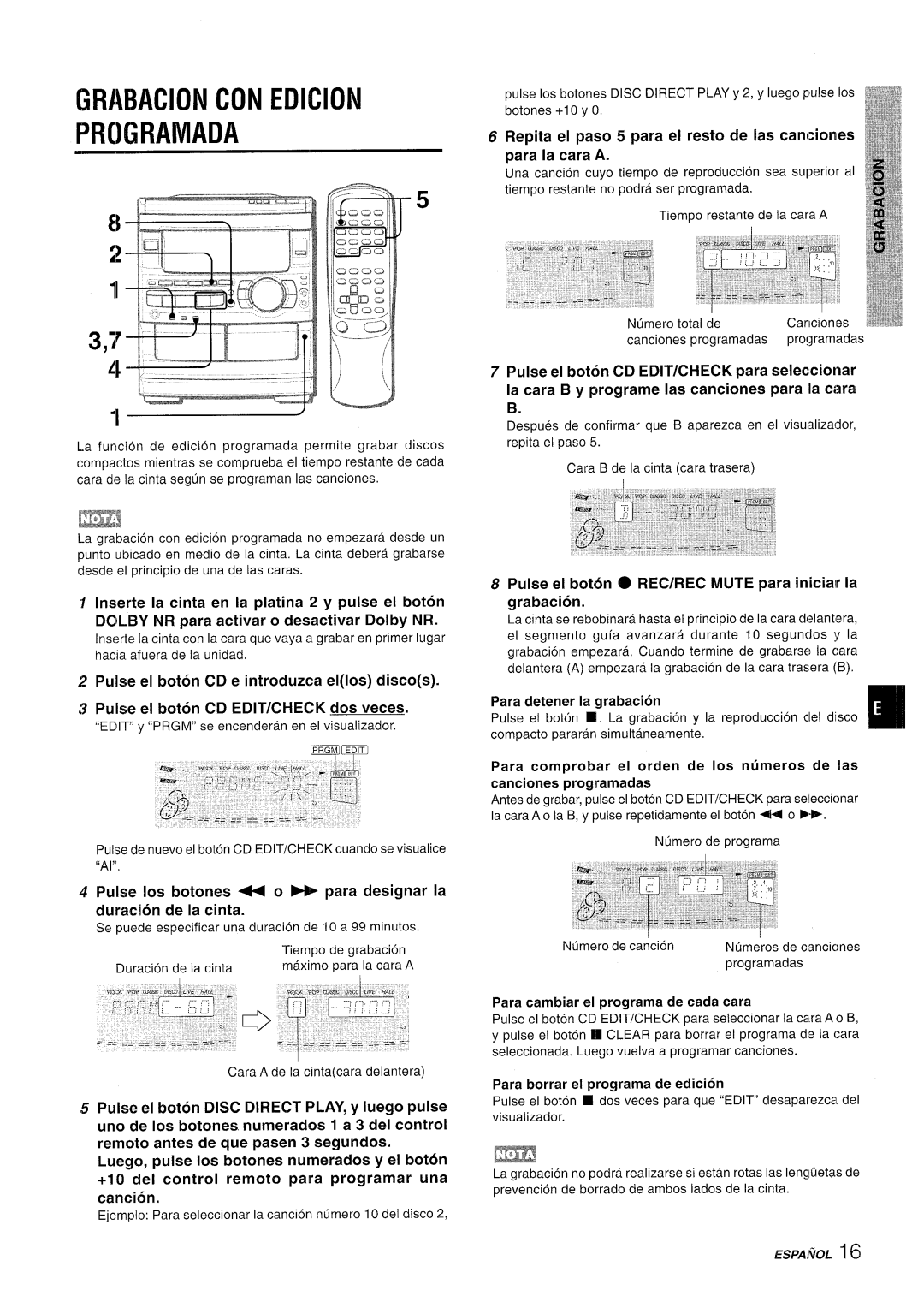 Sony CX-NMT90 manual Grabacion CON Edicion Programada, Dolby NR para activar o desactivar Dolby NR 