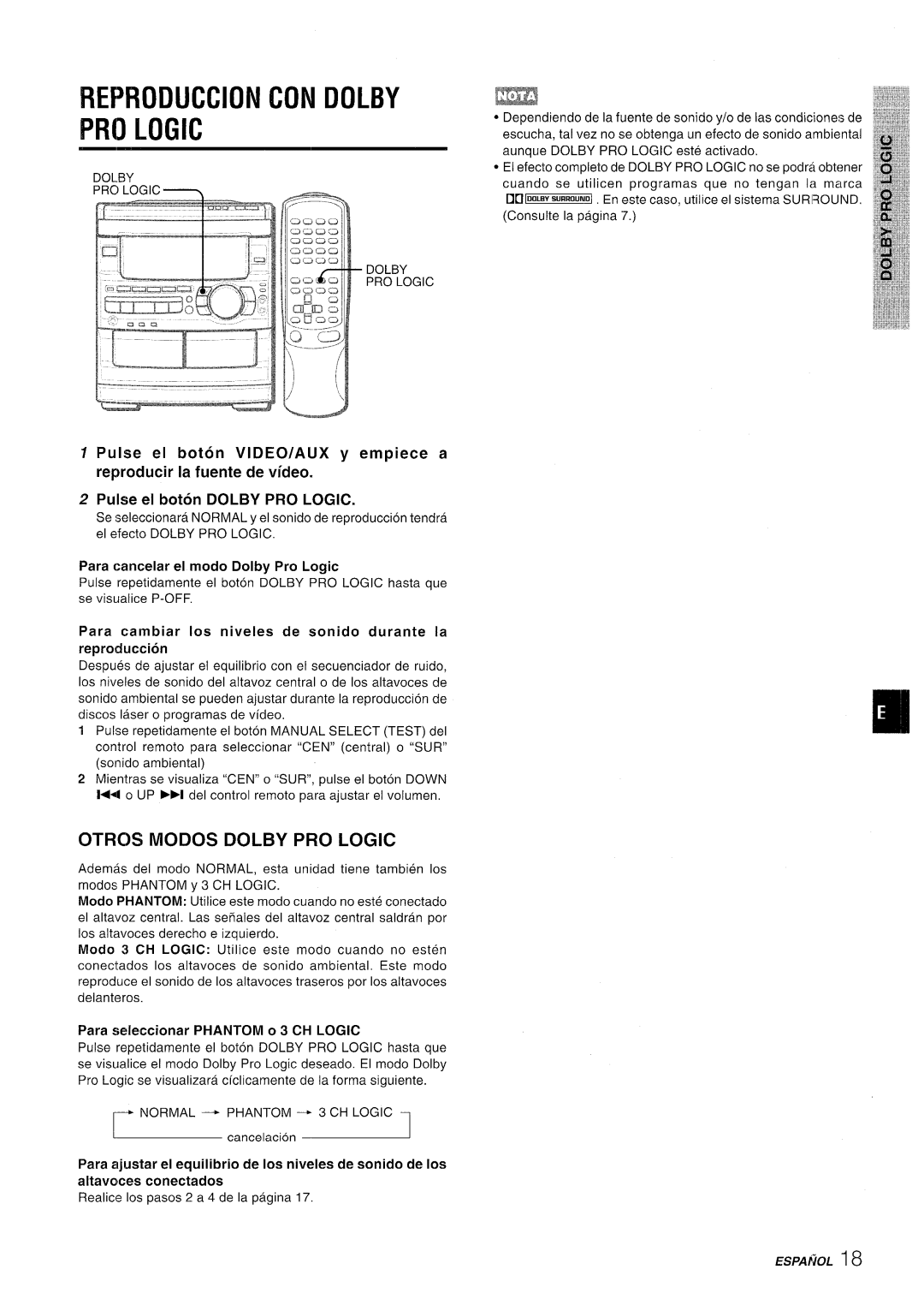 Sony CX-NMT90 manual Reproduction CON Dolby PRO Logic, Otros Modos Dolby PRO Logic, Para cancelar el modo Dolby Pro Logic 