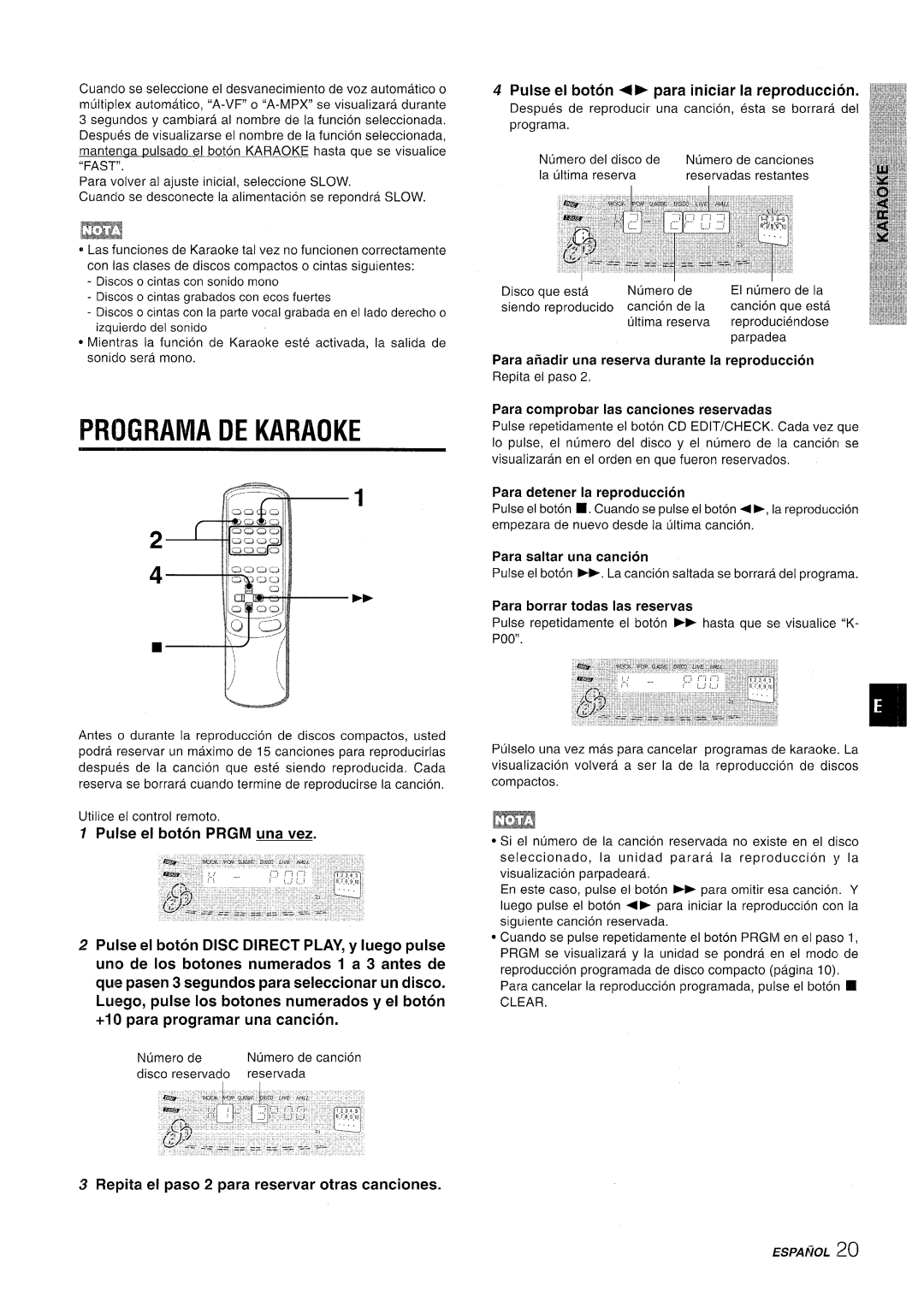 Sony CX-NMT90 manual Programa DE Karaoke, Para detener la reproduction, Clear 