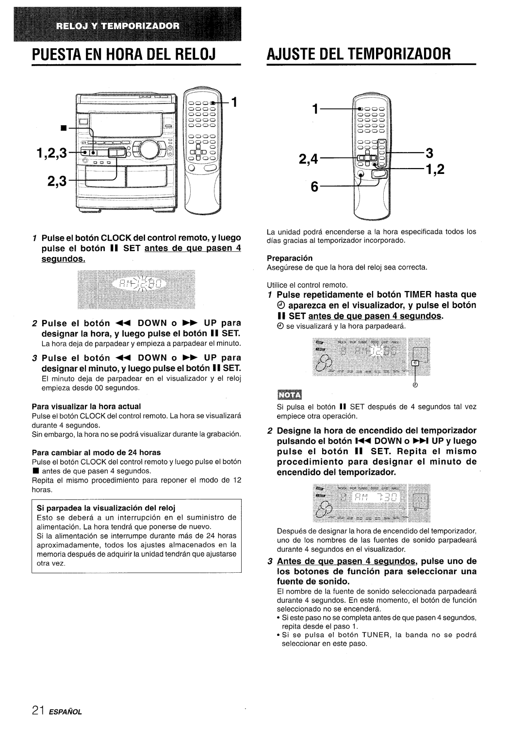 Sony CX-NMT90 manual Puesta EN Hora DEL Reloj, Ajuste DEL Temporizador, Para visualizer la hors actual 