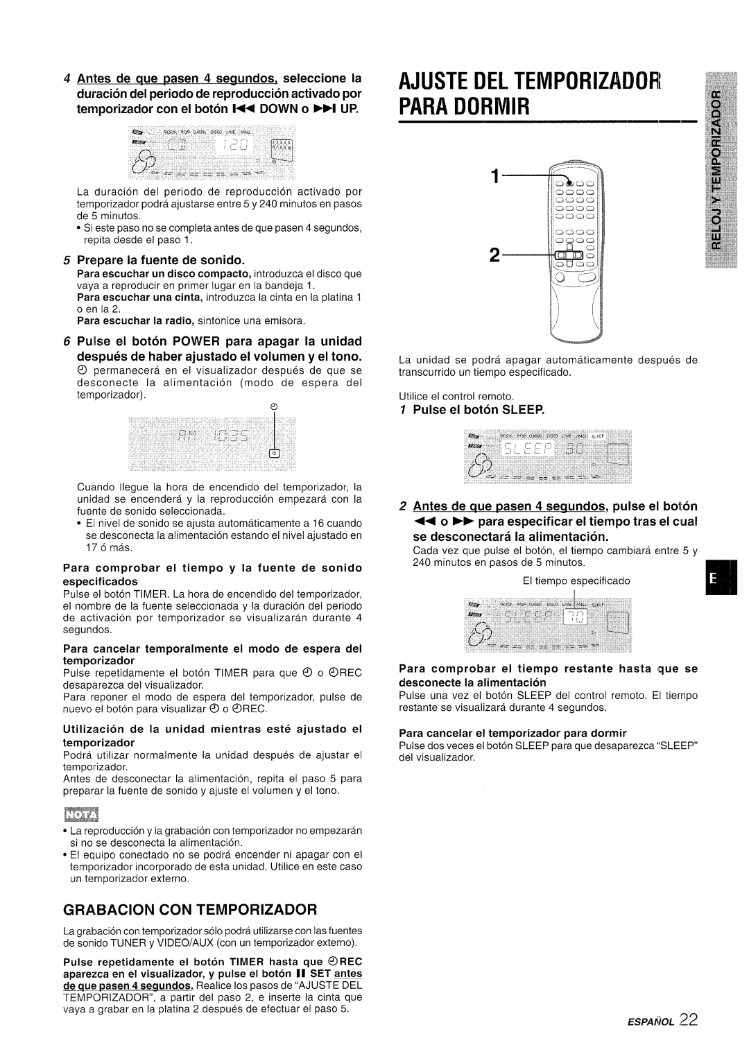 Sony CX-NMT90 manual Ajuste DEL Temporizador Para Dormir, Grabacion CON Temporizador, Prepare la fuente de sonido 