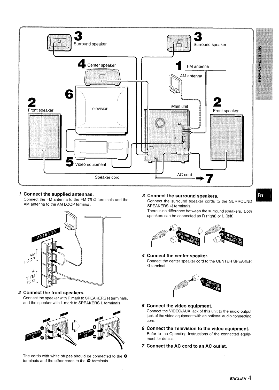 Sony CX-NMT90 manual Connect the supplied antennas, Connect the front speakers, Connect the surround speakers 