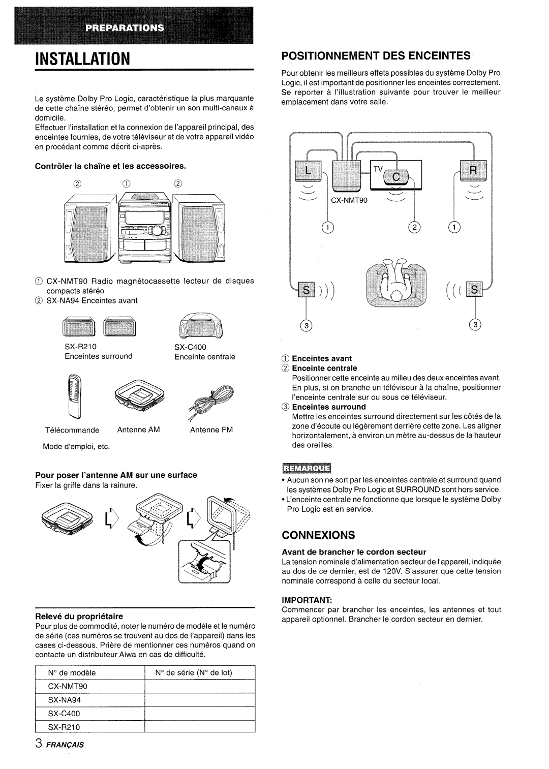 Sony CX-NMT90 manual Installation, Positionnement DES Enceintes, Connexions, Contr61er la chalne et Ies accessoires 