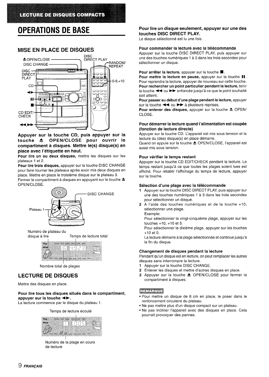 Sony CX-NMT90 Operations DE Base, Mise EN Place DE Disques, Lecture DE Disgwes, Selection d’une plage avec la telecommande 