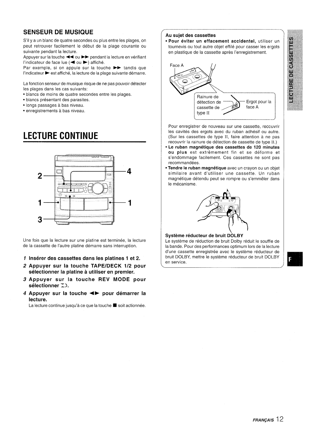 Sony CX-NMT90 manual Lecture Continue, Senseur DE Musique 