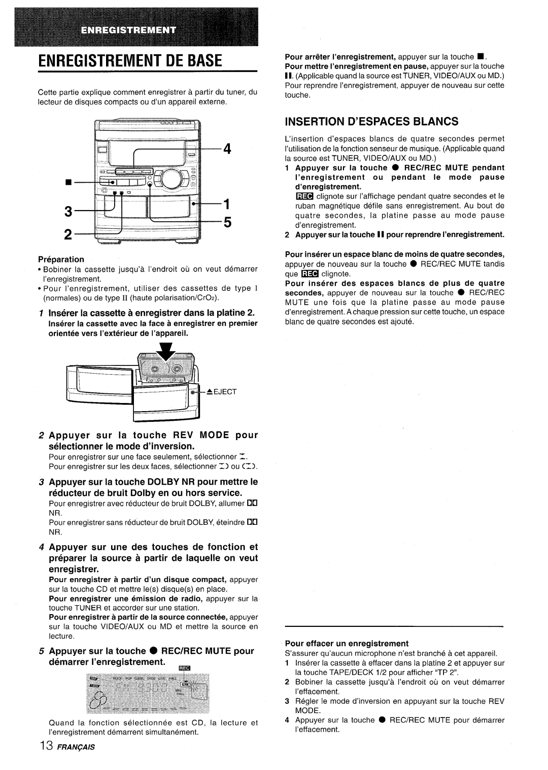 Sony CX-NMT90 manual Enregistrement DE Base, Insertion D’ESPACES Blancs 