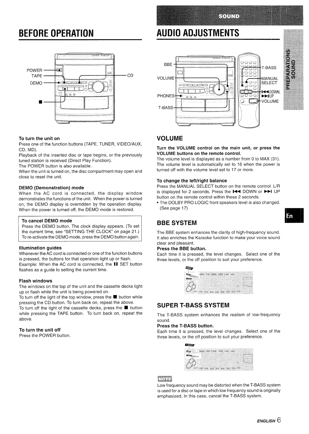 Sony CX-NMT90 manual Before Operation, Audio Adjustments, Volume, BBE System, Super T-BASS System 