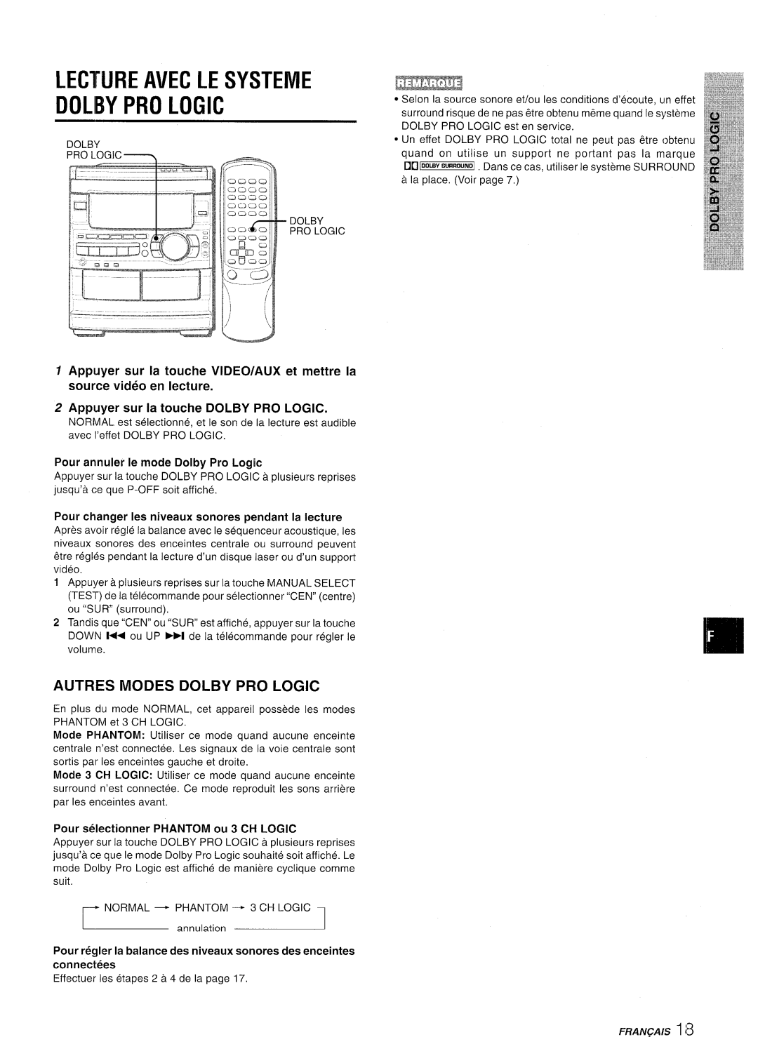 Sony CX-NMT90 manual Autres Modes Dolby PRO Logic, Pour selectionner Phantom ou 3 CH Logic, Normal ~ Phantom a 3 CH Logic 