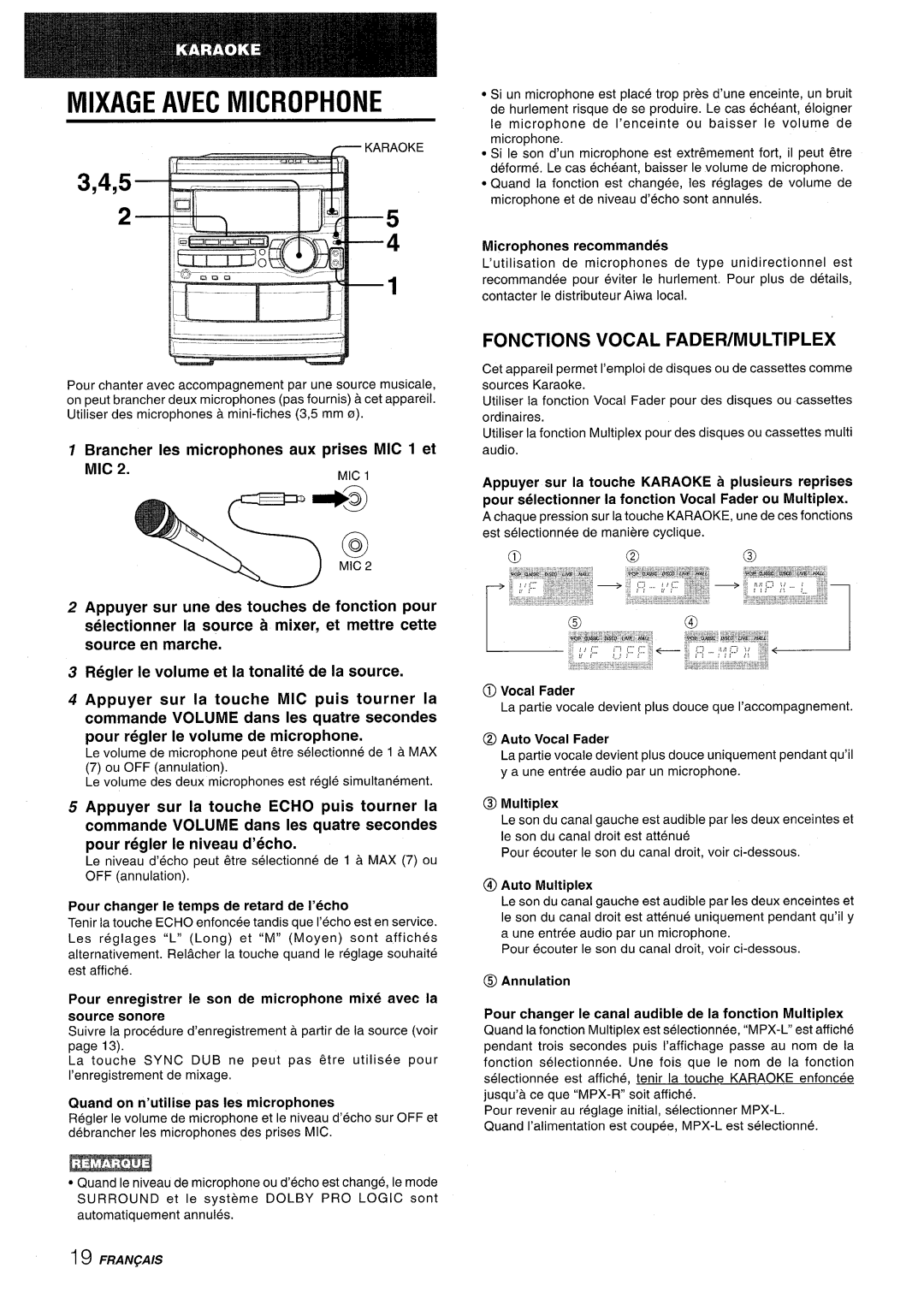 Sony CX-NMT90 Mixage Avec Microphone, Fonctions Vocal Fadeiwmultiplex, Brancher Ies microphones aux prises MIC 1 et MIC 