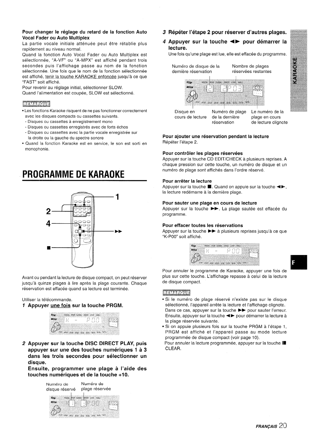 Sony CX-NMT90 manual Programme DE Karaoke, Pour sauter une plage en tours de lecture, Pour contr61er Ies plages reservees 