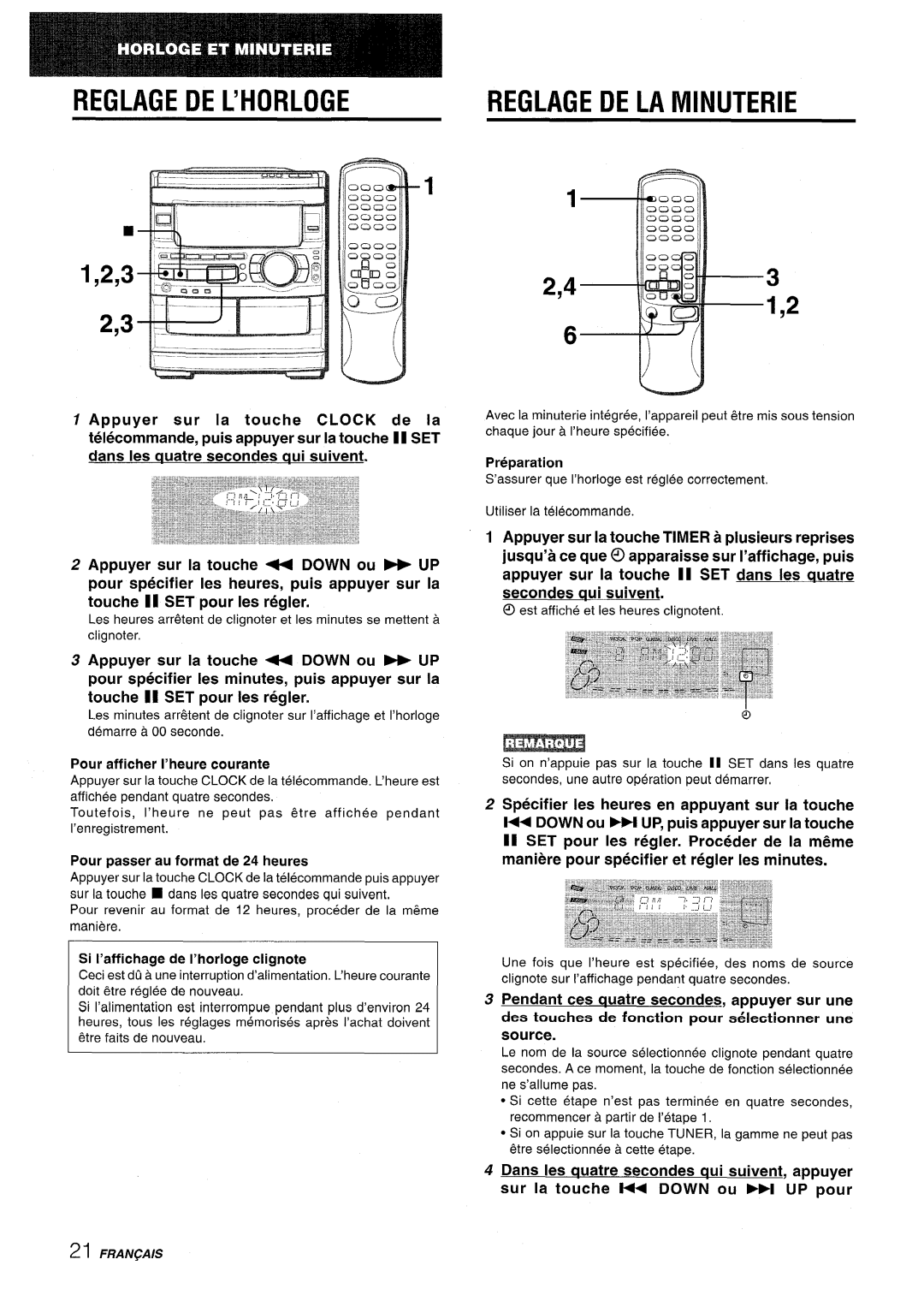 Sony CX-NMT90 manual REGLAGEDEL’HORLOGE Reglage DE LA Minuterie, Pendant ces auatre secondes, appuyer sur une, Source 