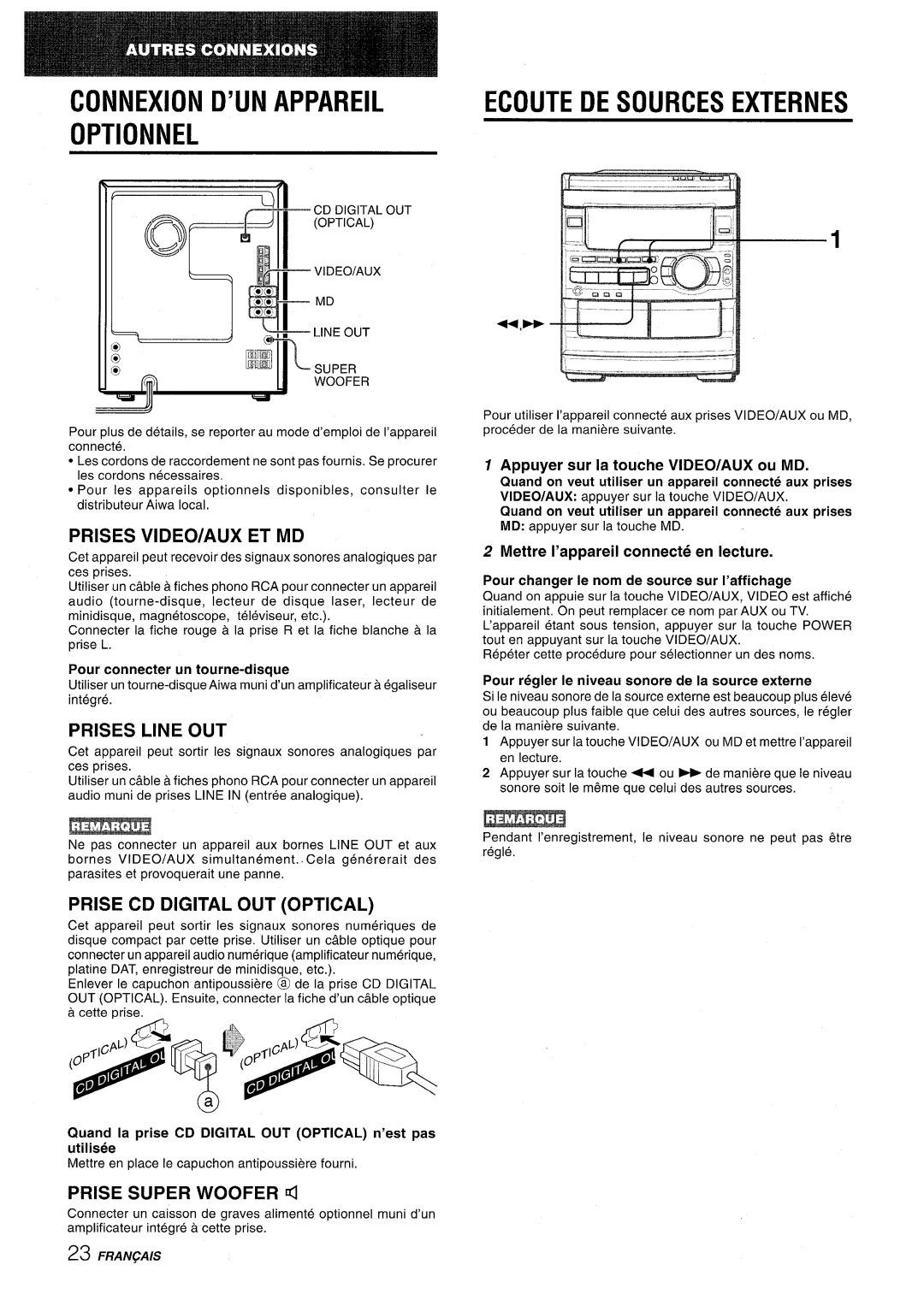 Sony CX-NMT90 manual Connexion D’UN Appareil Optionnel, Ecoute DE Sources Externes 