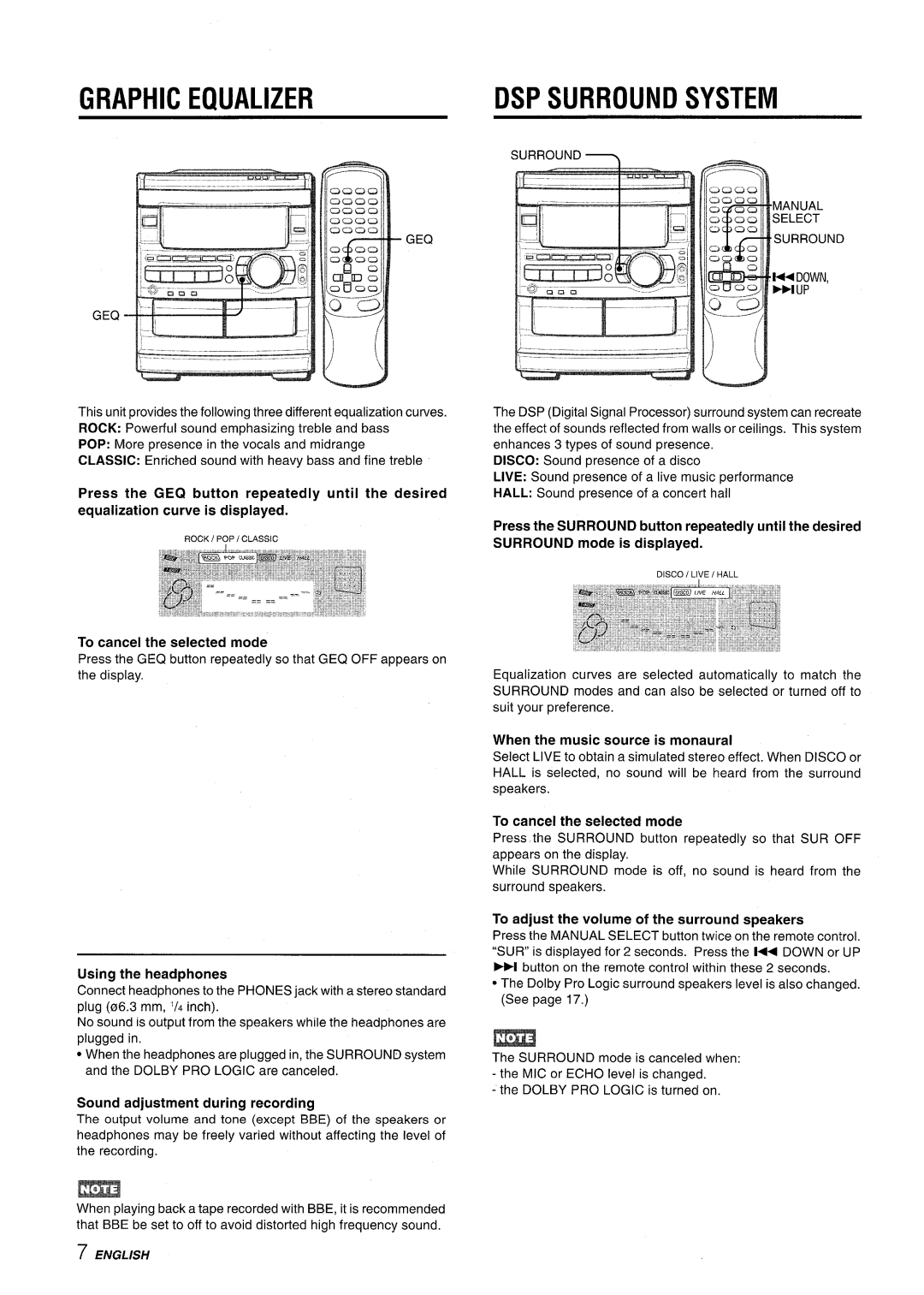 Sony CX-NMT90 manual Graphic Equalizer, DSP Surround System, Press the GEQ button repeatedly until the desired 