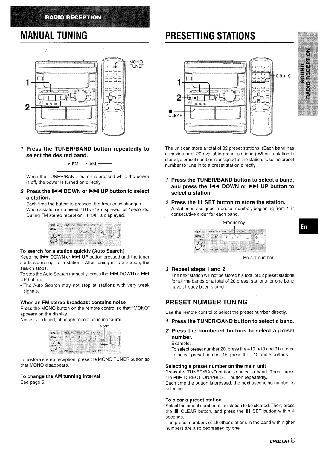 Sony CX-NMT90 manual Manual Tuning, Preset Number Tuning, Repeat steps 1, Press the TUNER/BAND button to select a band 