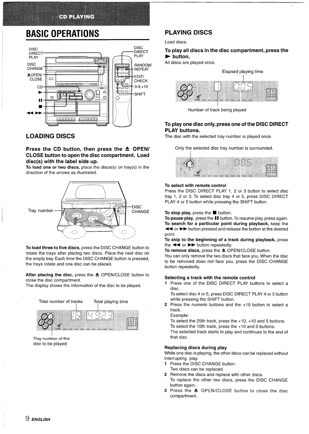 Sony CX-ZR525 Basic Operations, Loading Discs, Playing Discs, To play all discs in the disc compartment, press Button 