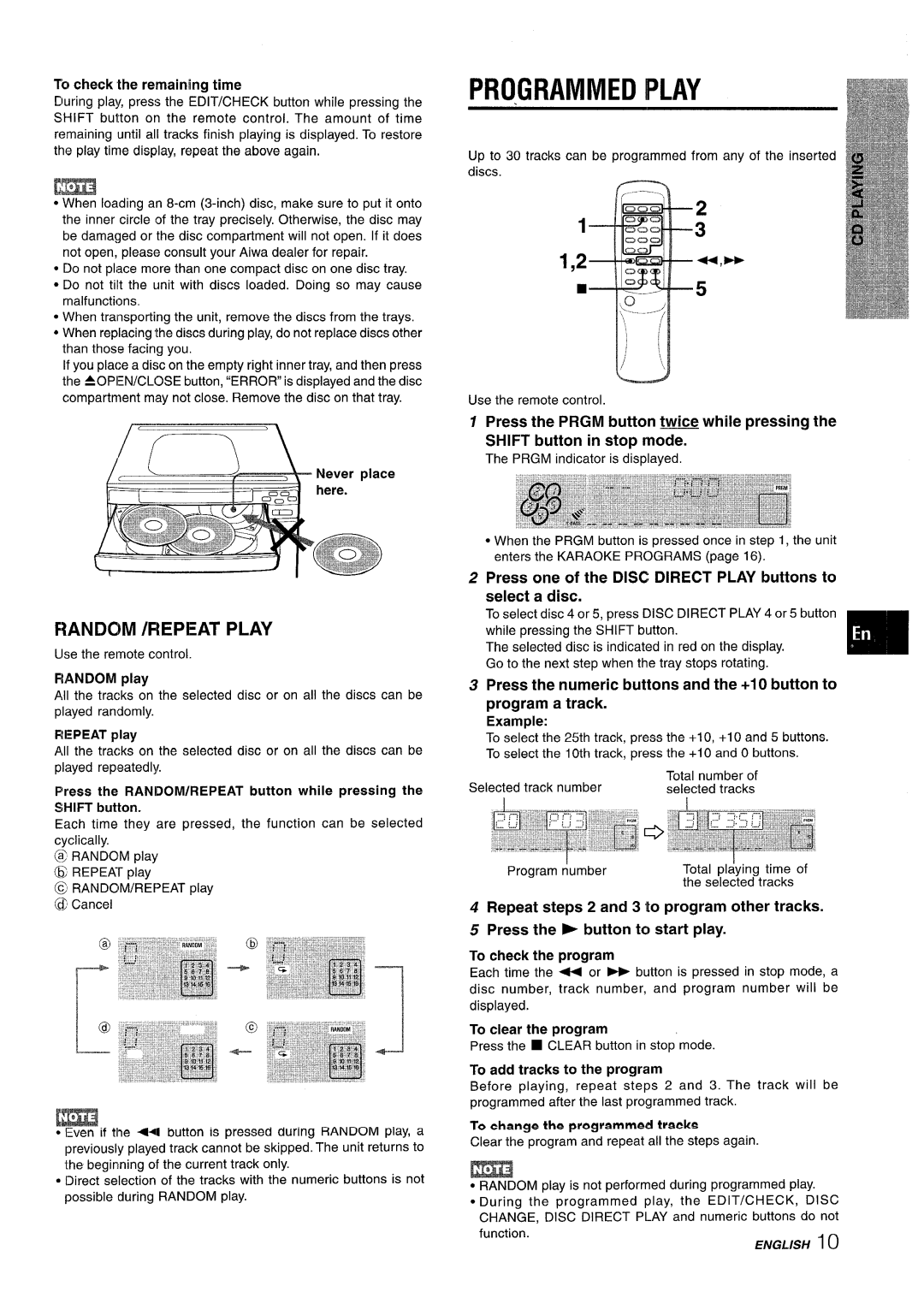 Sony CX-ZR525 manual Programmed Play, Random /REPEAT Play, Press one of the Disc Direct Play buttons to select a disc 