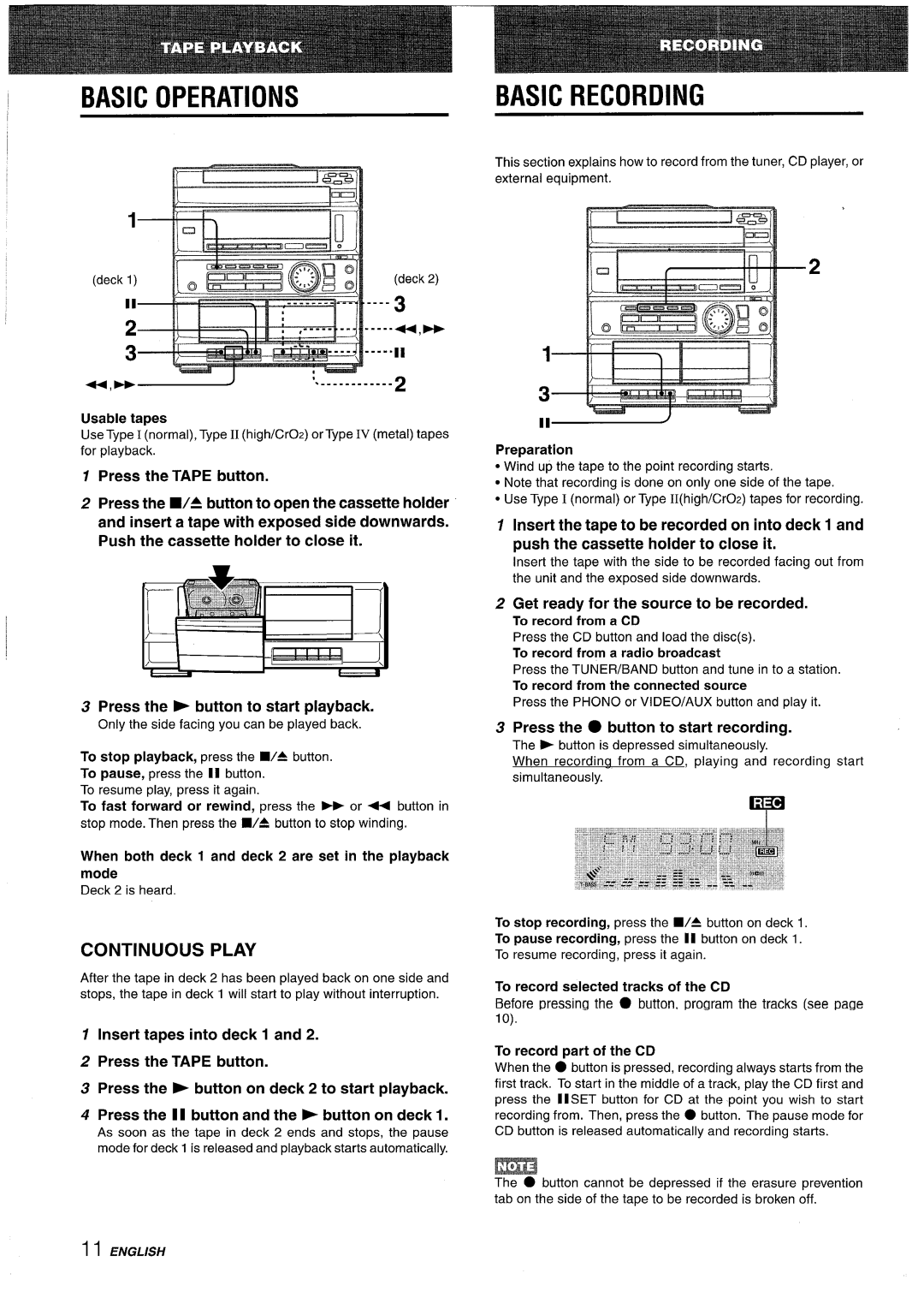 Sony CX-ZR525 manual Continuous Play, +,~~, Get ready for the source to be recorded, Press the button to start recording 