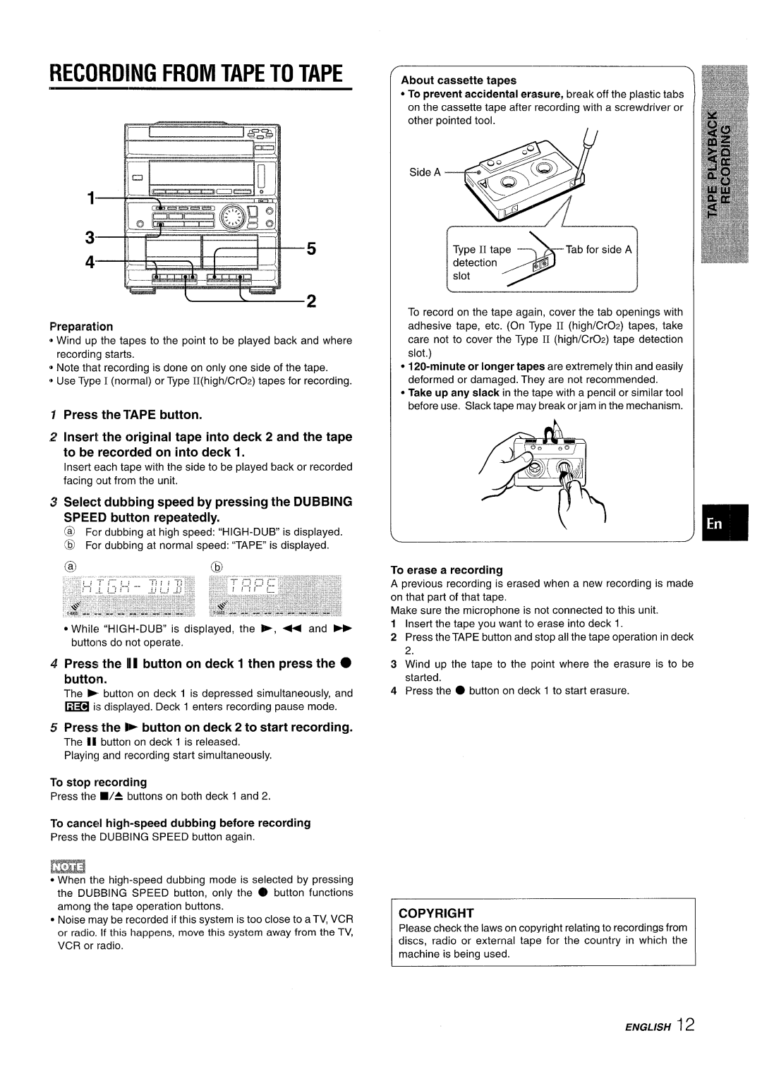 Sony CX-ZR525 manual Recording from Tape to Tape, Press the II1 button on deck 1 then press the button 