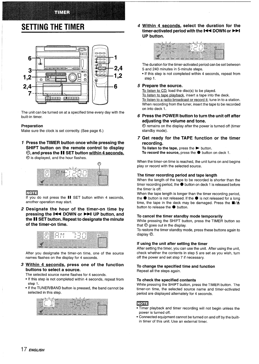 Sony CX-ZR525 manual Setting the Timer, Press the Timer button once while pressing, Prepare the source 