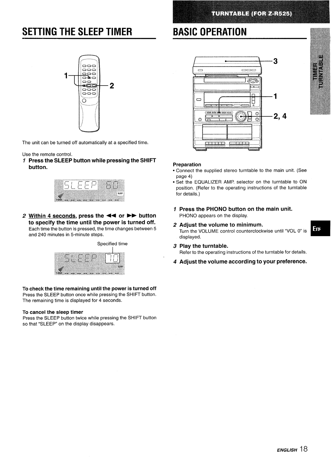 Sony CX-ZR525 manual Setting the Sleep Timer, Basic Operation 