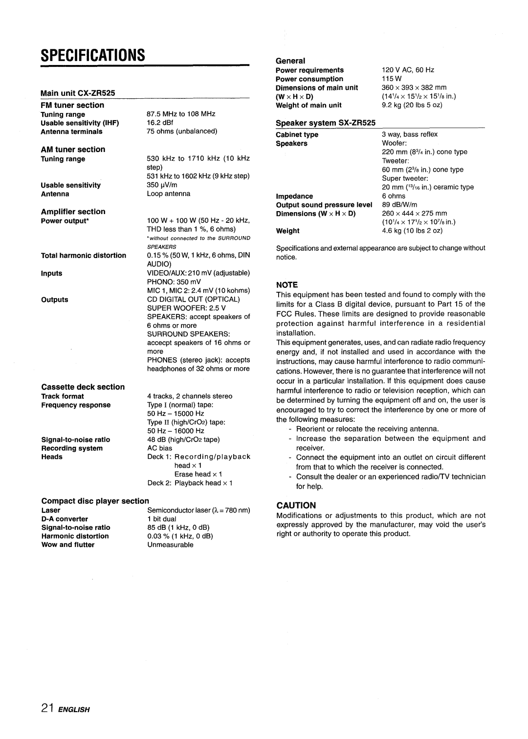 Sony CX-ZR525 manual Specifications 