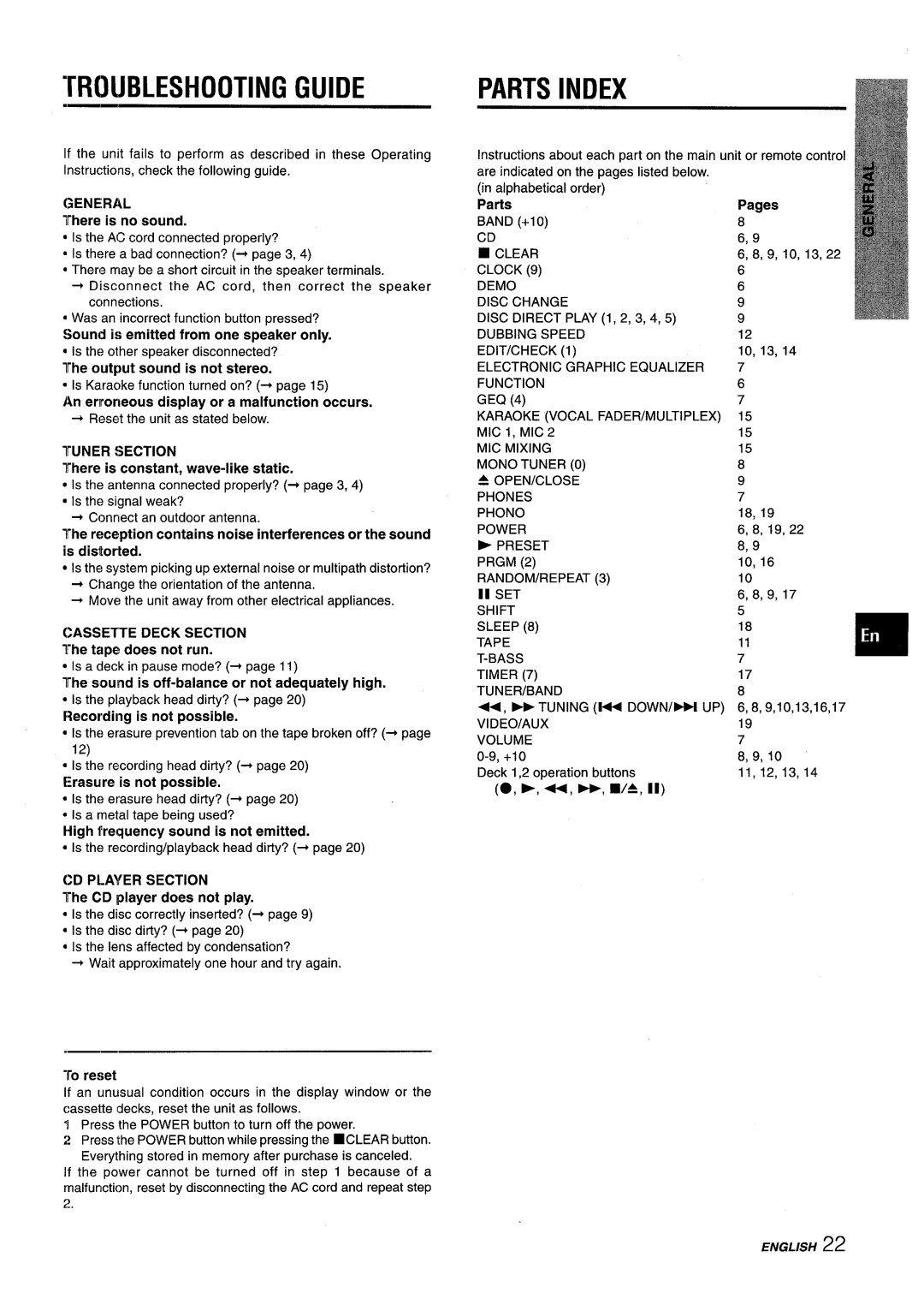 Sony CX-ZR525 manual RROUBLESHOOTING Guide, Parts Index 