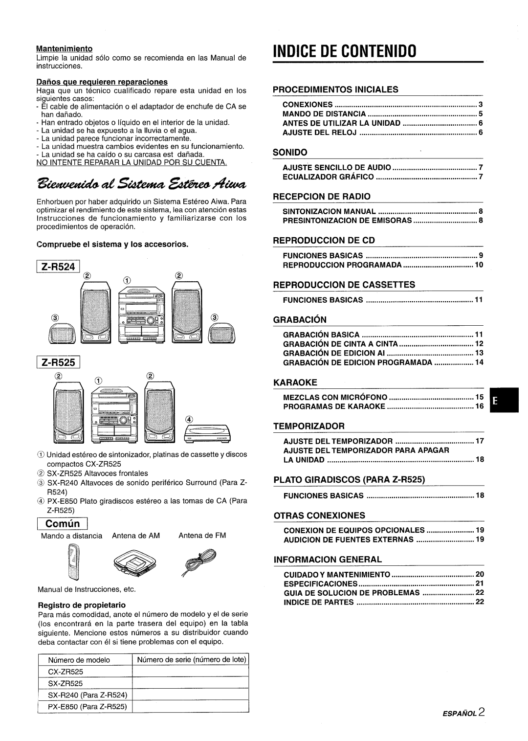 Sony CX-ZR525 manual Indice DE Contenido 