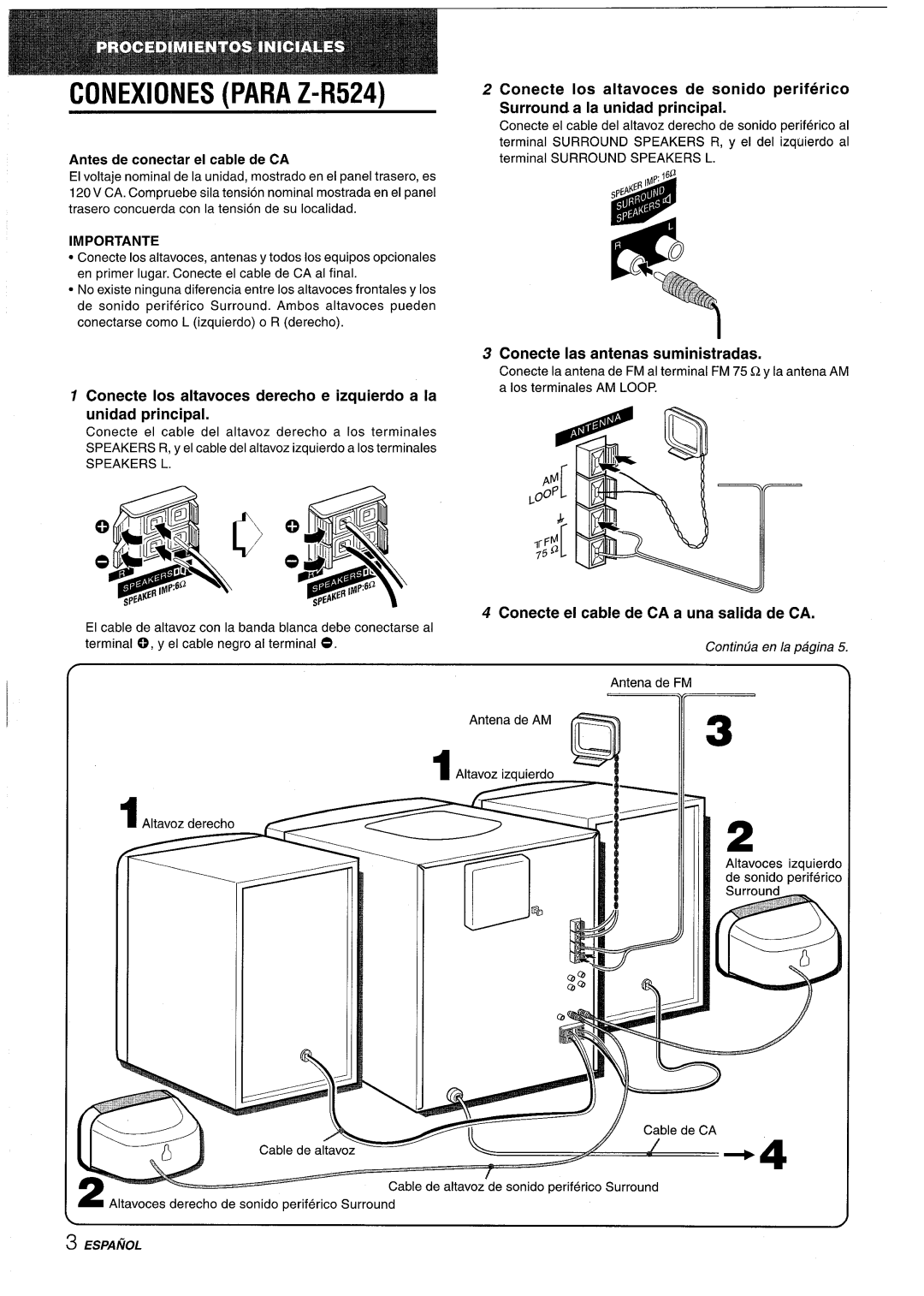 Sony CX-ZR525 manual Conexiones Para Z-R524, Antes de conectar el cable de CA, Importante, Speakers L 