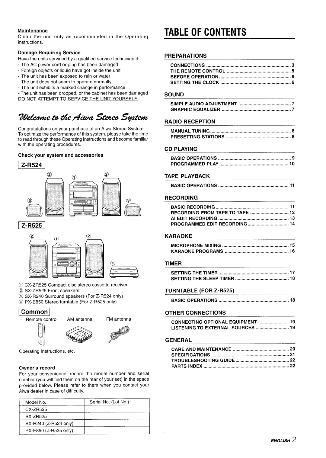 Sony CX-ZR525 manual U4wmzbA?uaskm?, Contents 