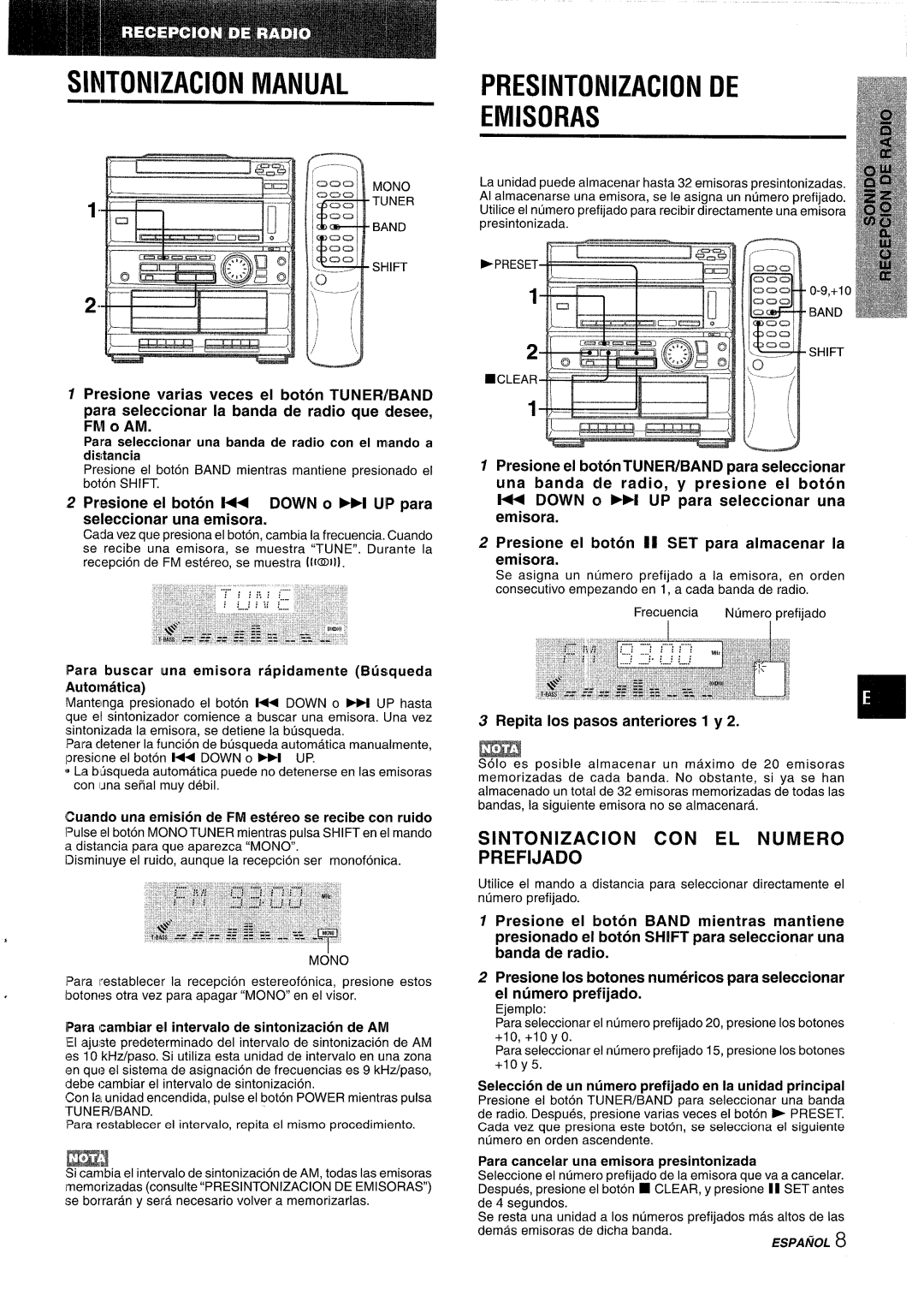 Sony CX-ZR525 Sintonizacion Manual, Presintonizacion DE Emisoras, Mwj, Sintonizacion CON EL Numero Prefijado, Fm O Am 