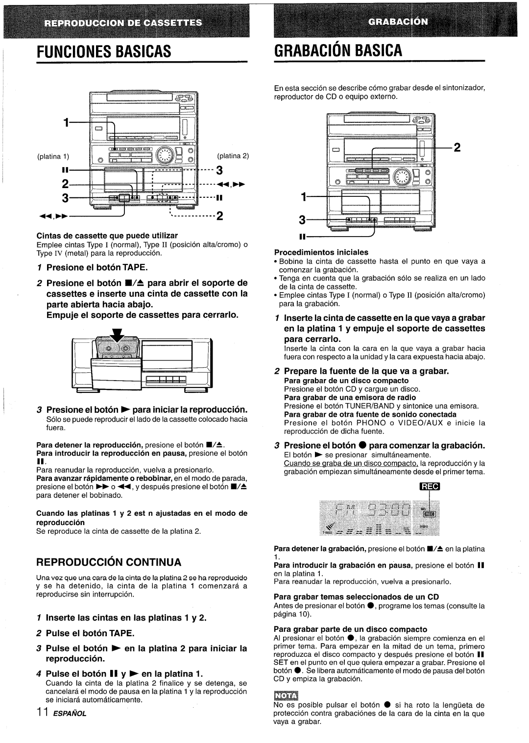 Sony CX-ZR525 manual FUNClONES Basicas, Grabacion Basica, Reproduction Continua 