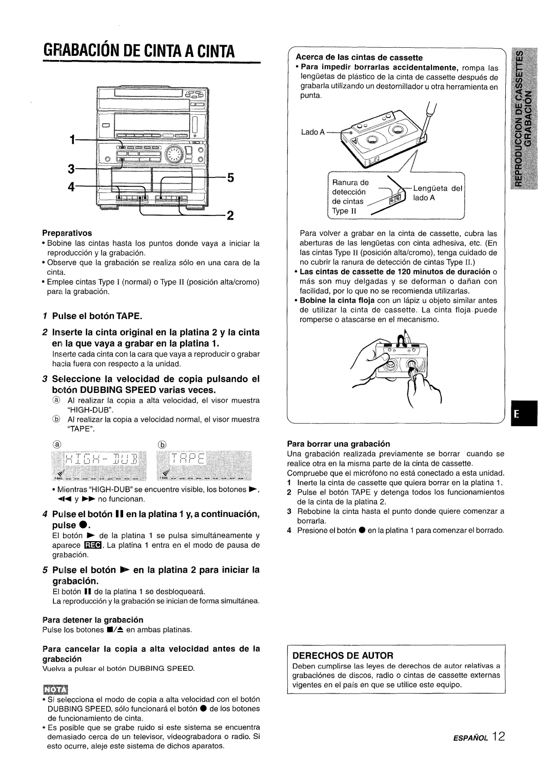 Sony CX-ZR525 manual GRABAC1ON DE Cinta a Cinta, Derechos DE Autor 