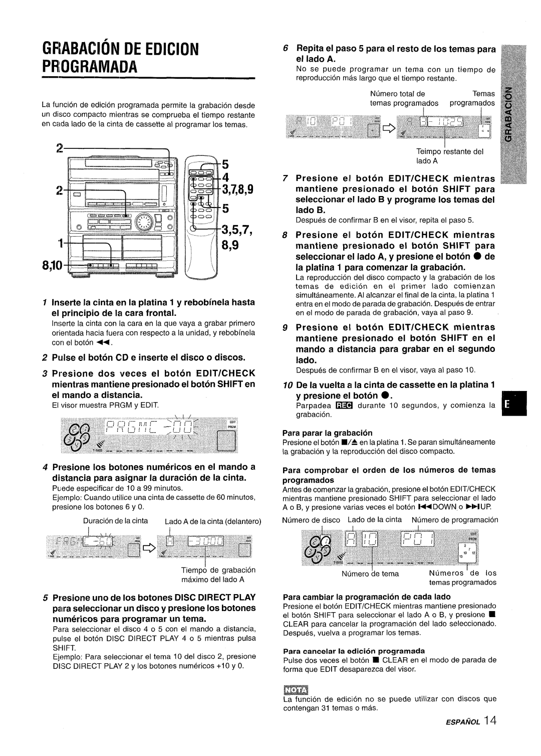 Sony CX-ZR525 manual GRABAC1ON DE Edicion Programada, Repita el paso 5 para el resto de Ios temas para el Iado a 