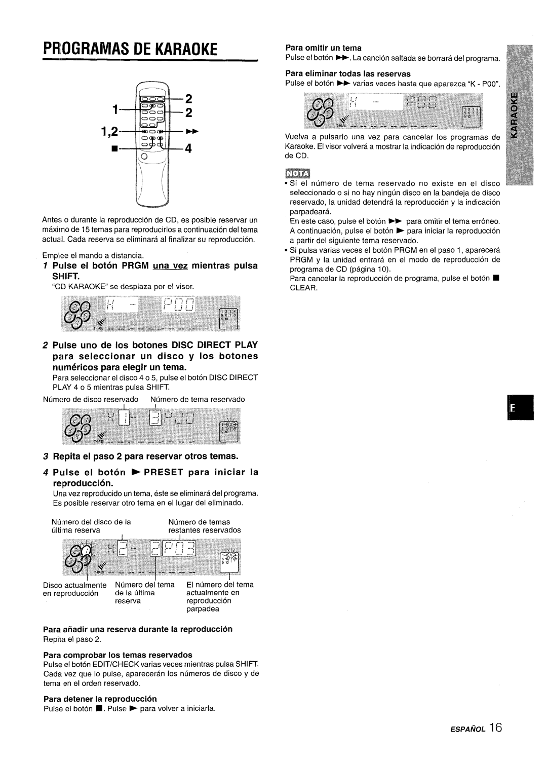 Sony CX-ZR525 manual Programasdekaraoke, Pulse ei boton Prgm una vez mientras pulsa, Para detener la reproduction 