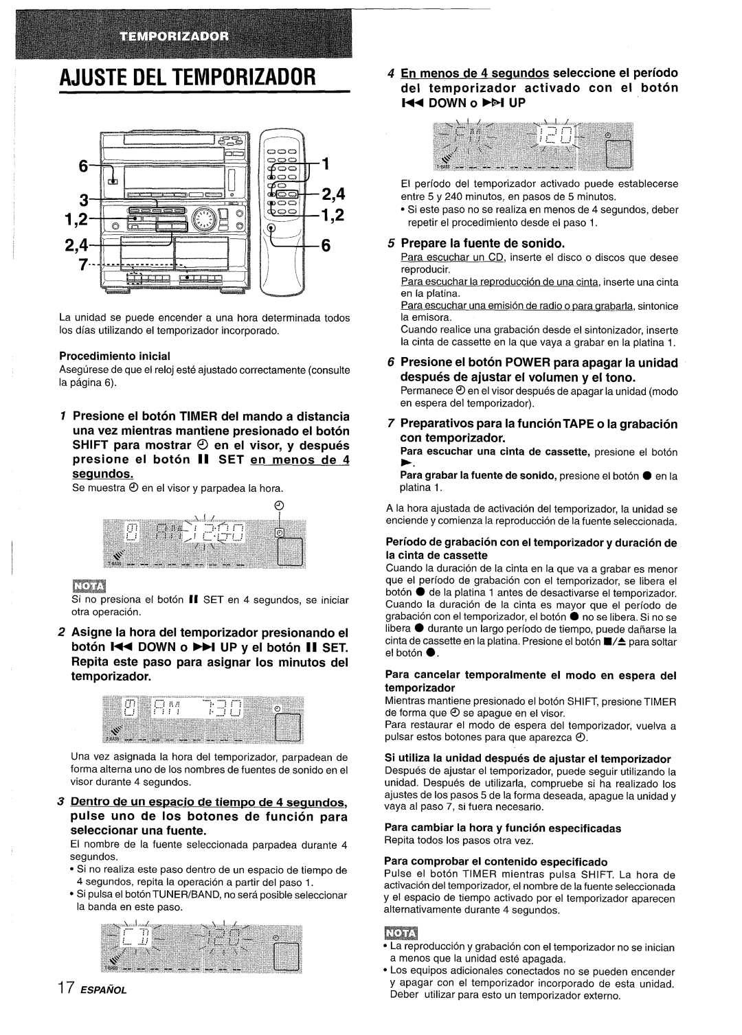 Sony CX-ZR525 manual Ajuste DEL Temporizador, Asigne la hors del temporizador presionando et, Prepare la fuente de sonido 