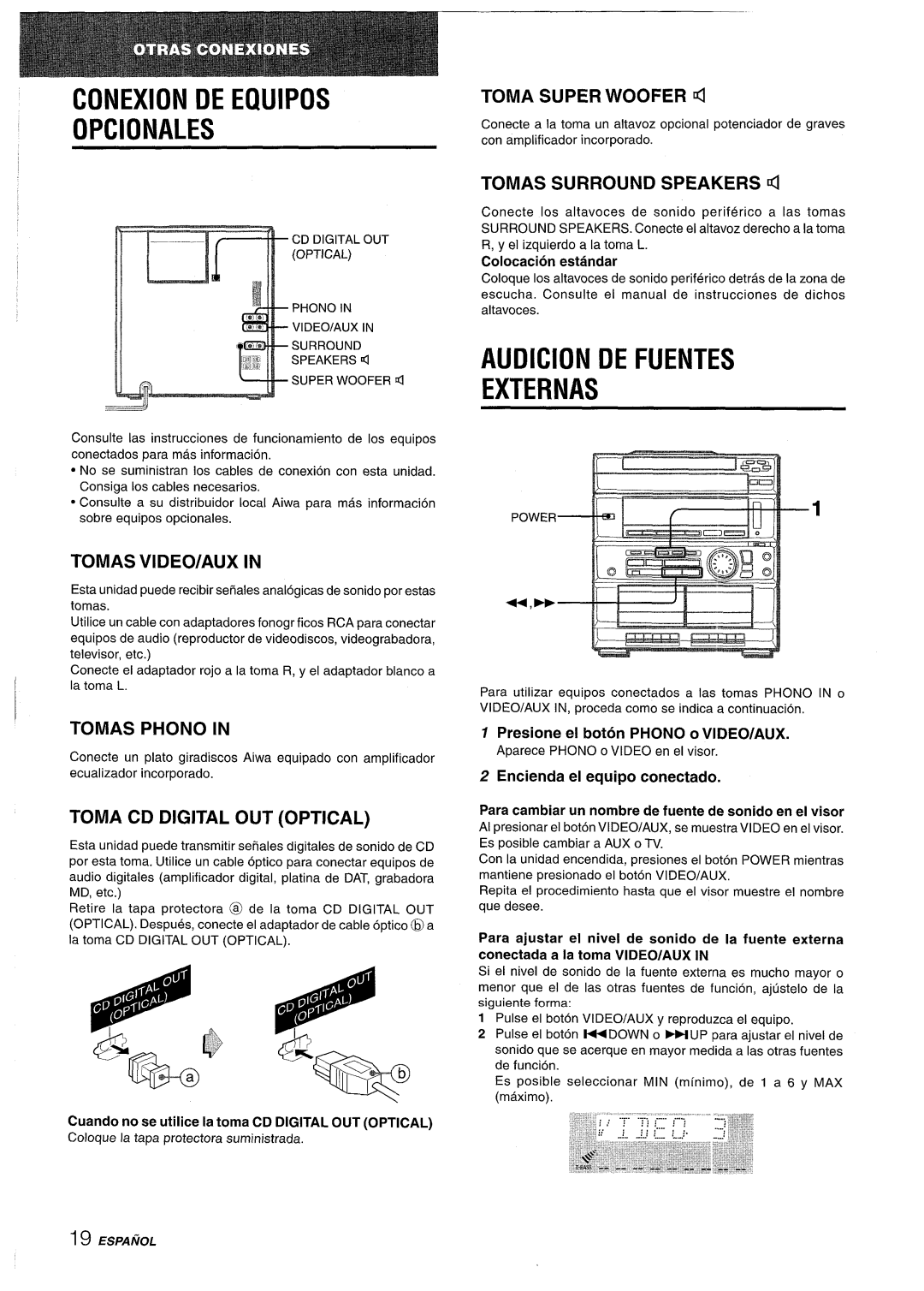 Sony CX-ZR525 manual Conexion DE Ewipos Opcionales, Audicion DE Fuentes Externas, Tomas VIDEO/AUX, Tomas Phono 