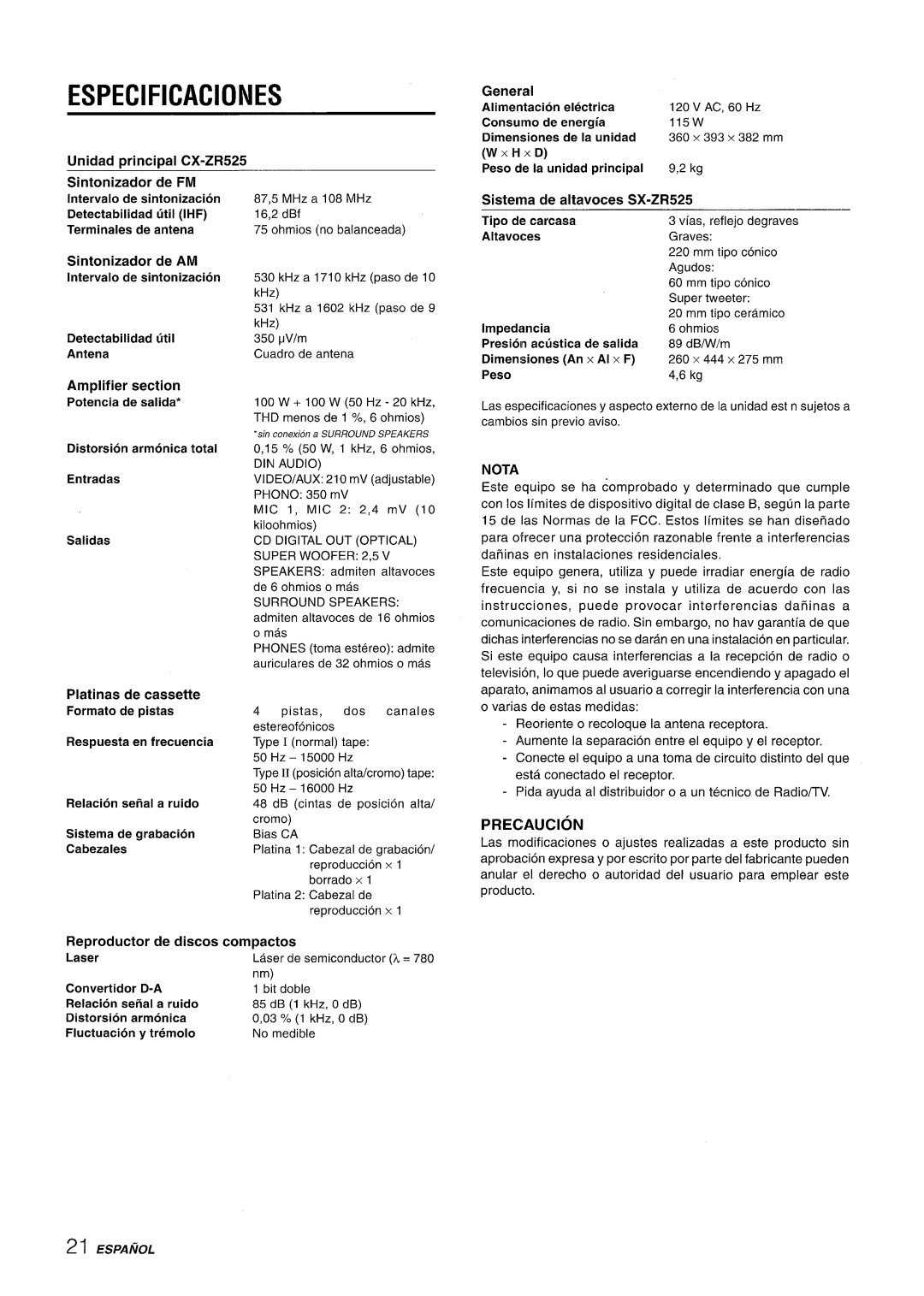 Sony CX-ZR525 manual Especificaciones, Nota, Precaution 