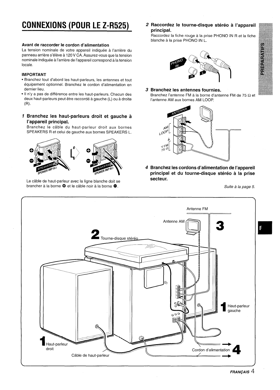 Sony CX-ZR525 manual Connexions Pour LE Z-R525, Raccordez Ie tourne-disque stereo a I’appakreil principal, Secteur 