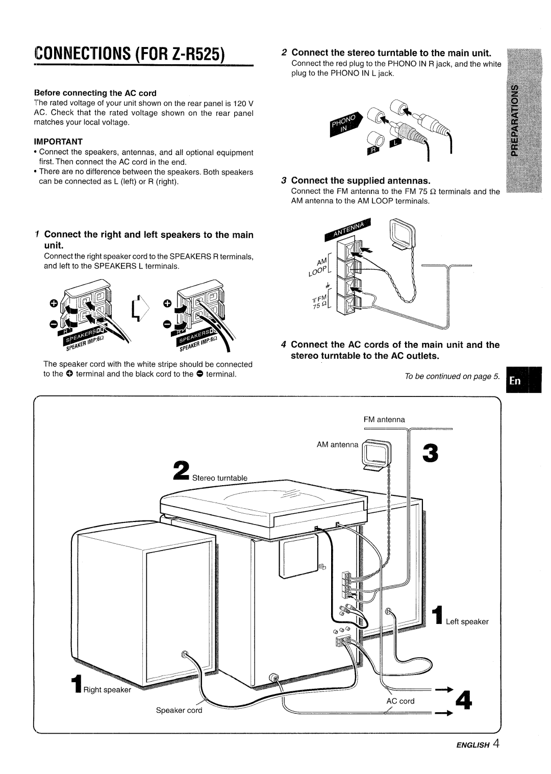 Sony CX-ZR525 manual Connections for Z-R525, ‘f Connect the right and left speakers to the main unit 