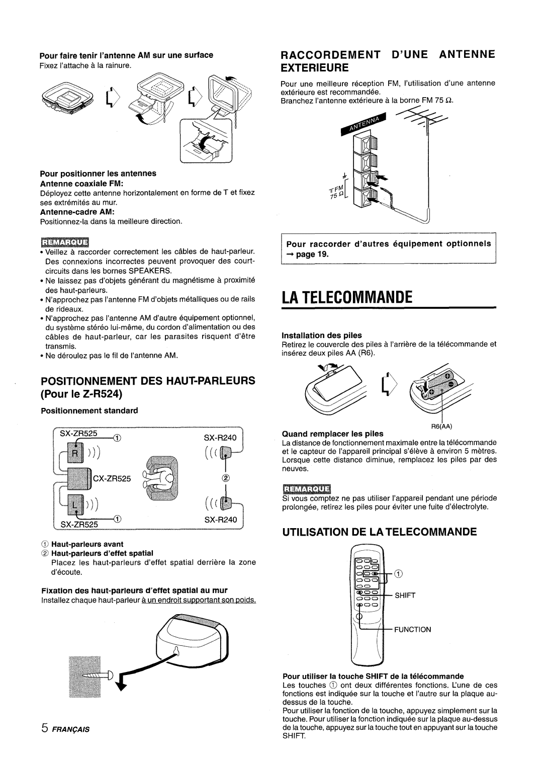 Sony CX-ZR525 manual Raccordement D’UNE Antenne Exterieure, Utilisation DE LA Telecommande, Positionnement standard 