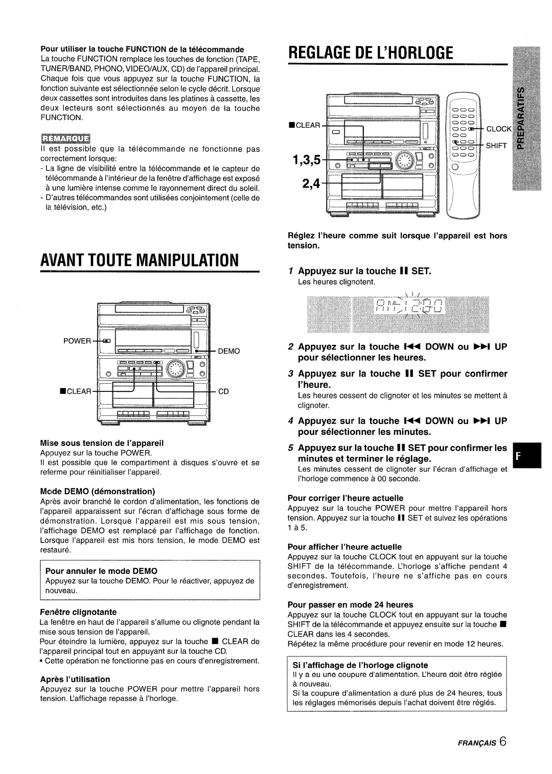 Sony CX-ZR525 manual Avant Toute Manipulation, Reglage DE L’HORLOGE, Tension Appuyez sur la touche 11 SET 