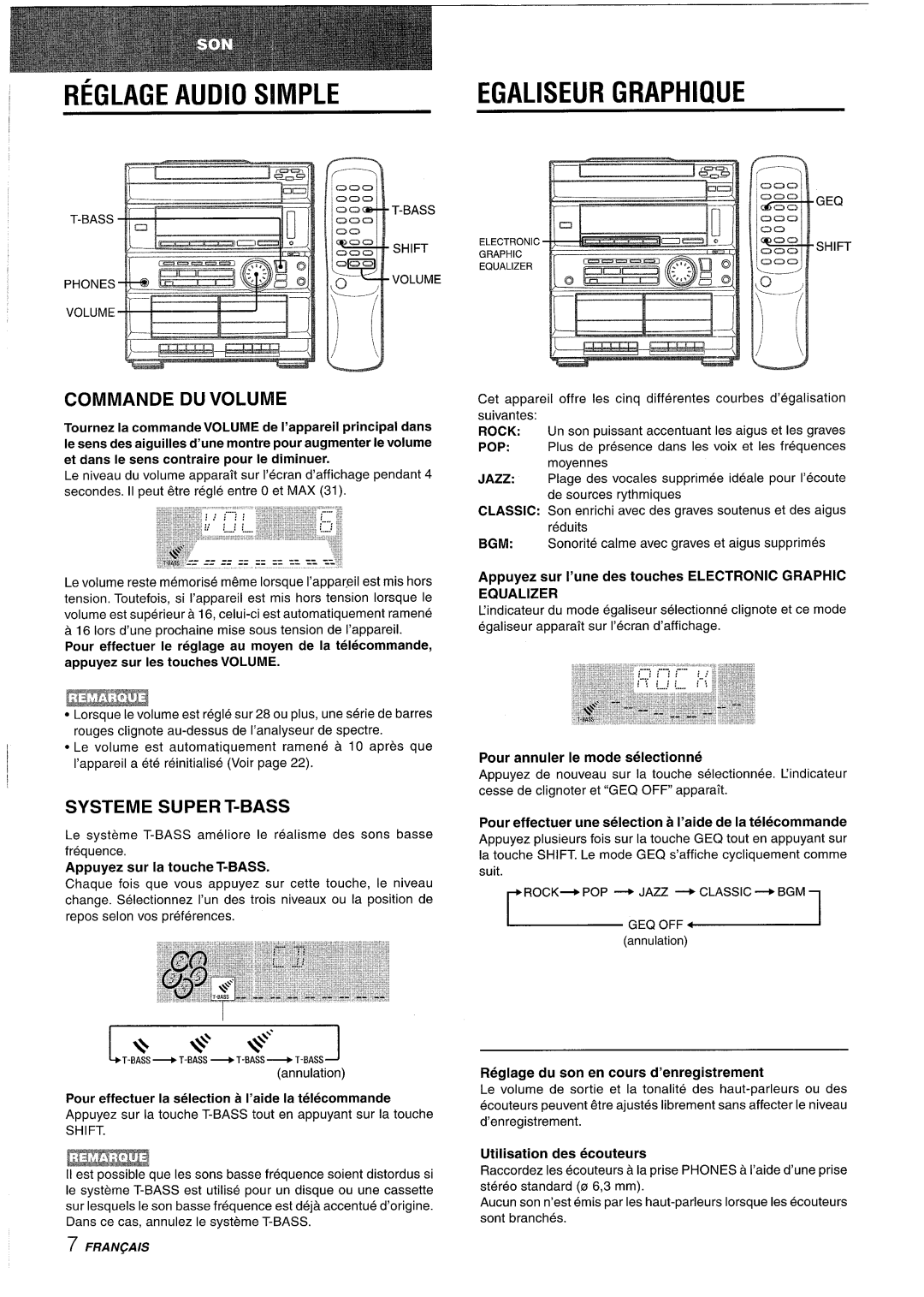 Sony CX-ZR525 Reglage Audio Simple Egaliseur, Commande DU Volume, Systeme Super T-BASS, Pour annuler Ie mode selectionne 