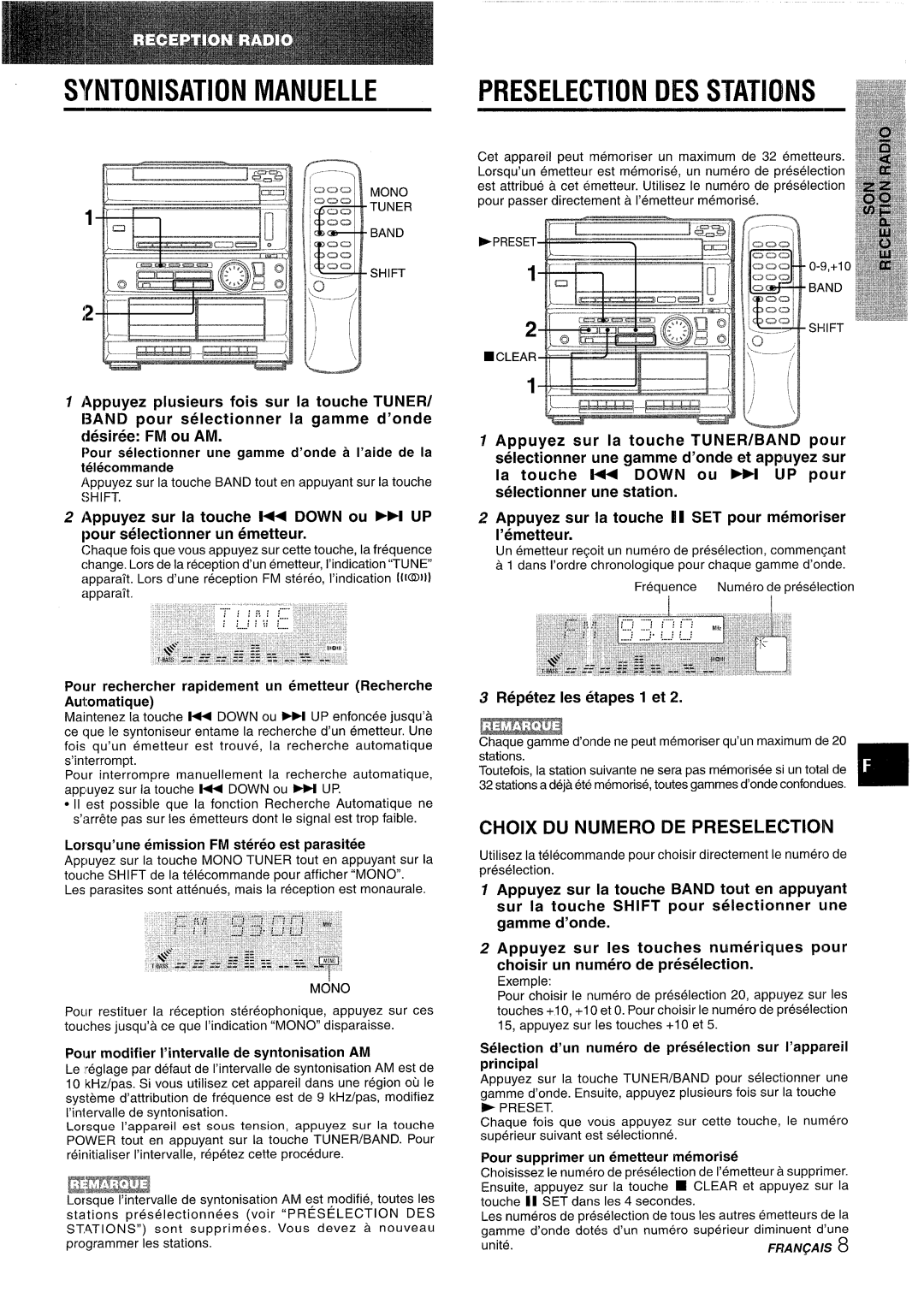 Sony CX-ZR525 Wntonisation Manuelle, Preselection DES Stations, Choix DU N!JMERO DE Preselectioin, Repetez Ies etapes 1 et 