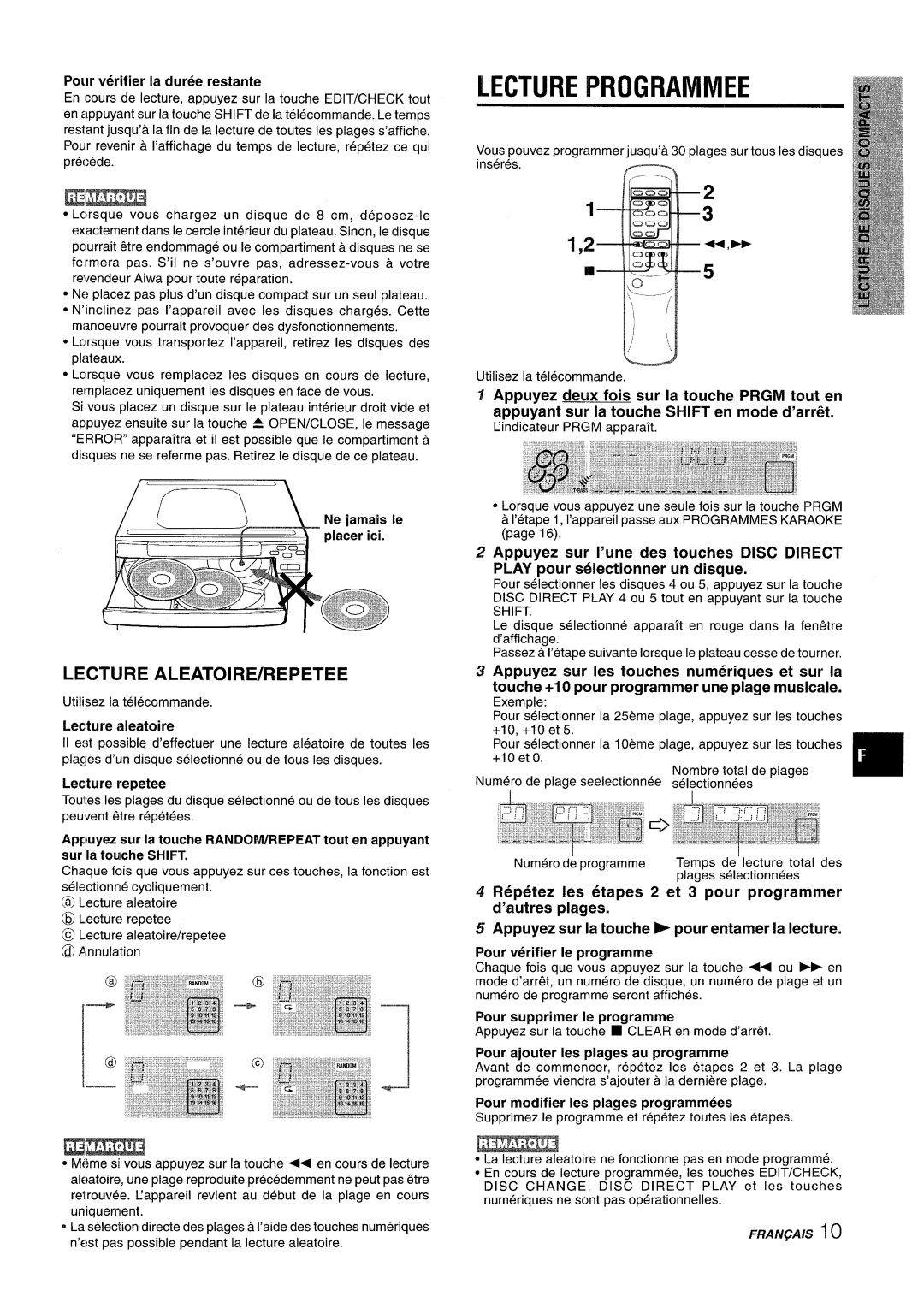 Sony CX-ZR525 manual Lecture Programmed, Lecture ALEATOIRE/REPETEE 