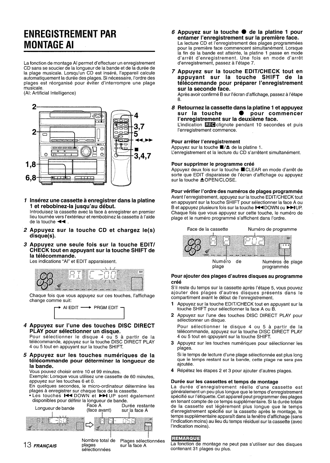 Sony CX-ZR525 manual Enregistrement PAR, Montage Al, ’enregistrement sur la deuxieme face, Pour arr&er ’enregistrement 