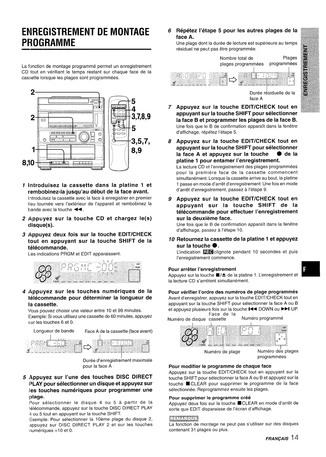 Sony CX-ZR525 manual Enregistrement DE Montage Programme, Repetez I’etape 5 pour Ies autres plages de la face a 