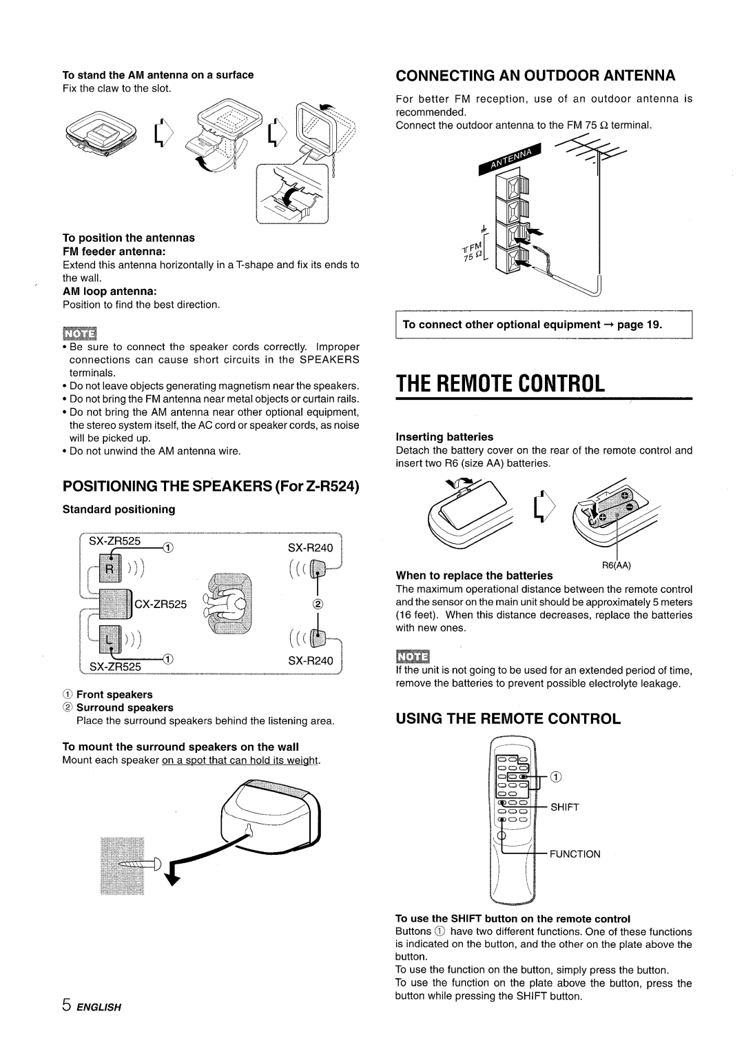 Sony CX-ZR525 manual Connecting AN Outdoor Antenna, Using the Remote Control, AM loop antenna 